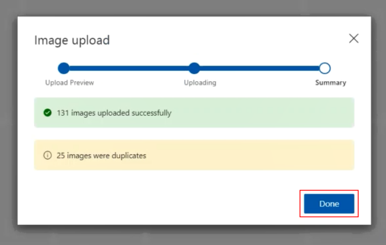 Image: The image upload process results, I successfully uploaded 131 images with 25 duplicates