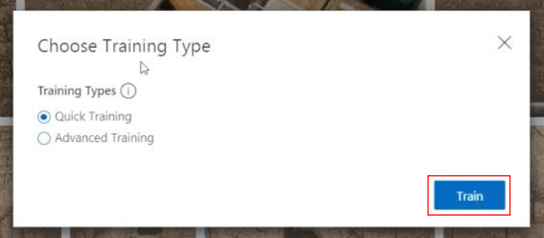 Image: For most projects the Quick Training selection is sufficient, click Train to start training the  algorithm