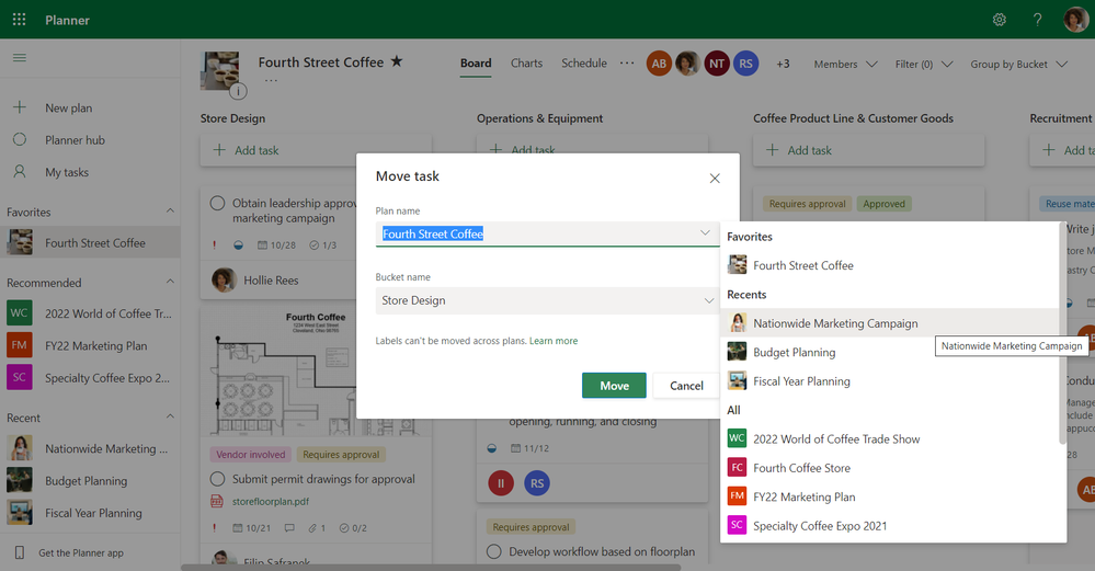 A Planner board with the Move task window open and a drop-down list of available plans to choose from.