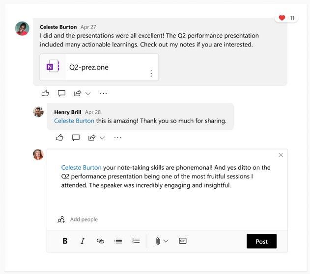 Yammer will now have one level deep nesting available in conversations, so that users can reply directly to a reply within a conversation.