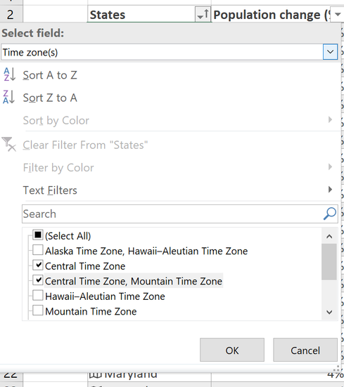 The Select field dropdown lets you work with a field from column of data types