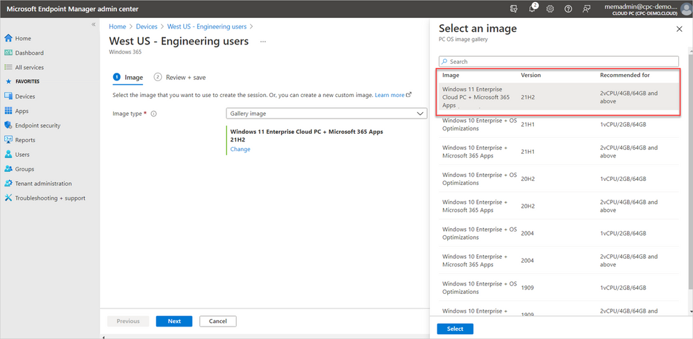Selecting a Windows 11 Enterprise image from the Microsoft Endpoint Manager admin center
