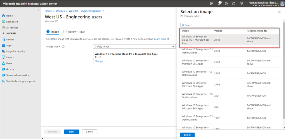 thumbnail image 3 captioned Selecting a Windows 11 Enterprise image from the Microsoft Endpoint Manager admin center