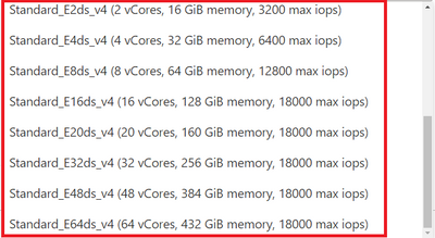 Figure 3: Screenshot of the pulldown menu for the “Memory Optimized” compute size choice in the Compute + Storage blade for Flexible Server in Azure Database for PostgreSQL. You can see new Edsv4 choices on the list.