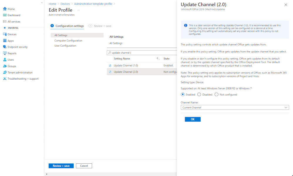Microsoft Endpoint Manager - Configuring the Office Update Channel via Intune Administrative Template policy.