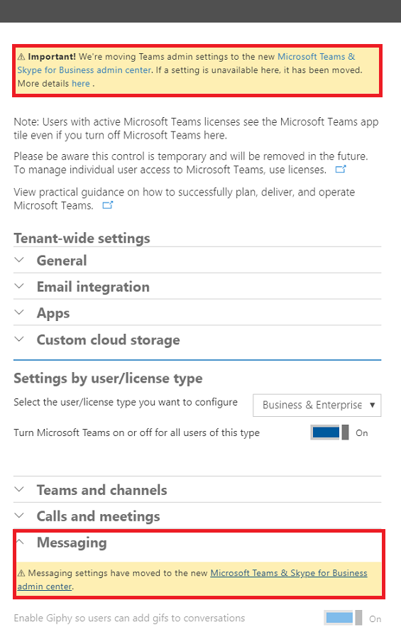 Migrated settings within Teams in the Office 365 Admin Center