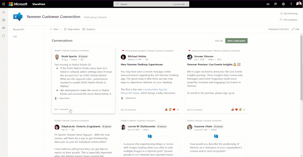 Updates to the Yammer conversations webpart