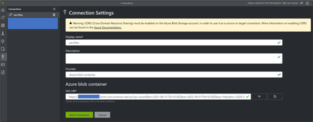 Figure 5: OCR Tool Azure Blob Storage Connection settings