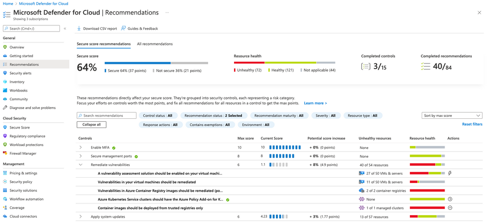 Figure 1 – Secure Score, recommendations, and security controls