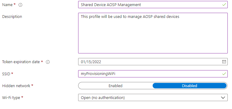 Figure 2: Sample enrollment profile for Android (AOSP) devices