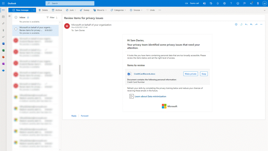 Figure 6: Microsoft Outlook email digest to help employees proactively remediate privacy risks