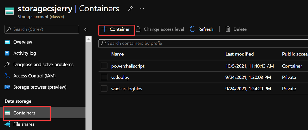 Create container in Storage account