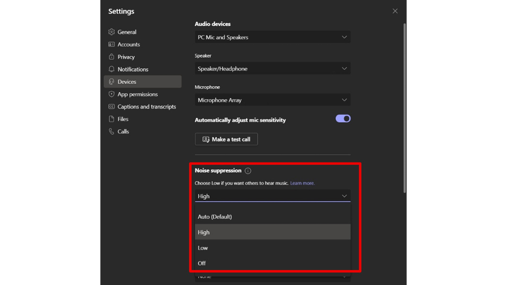 Noise suppression can be toggled within Teams settings or from a meeting window.