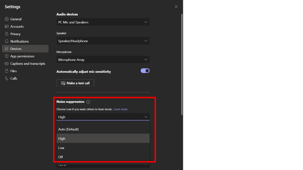 Noise suppression can be toggled within Teams settings or from a meeting window.