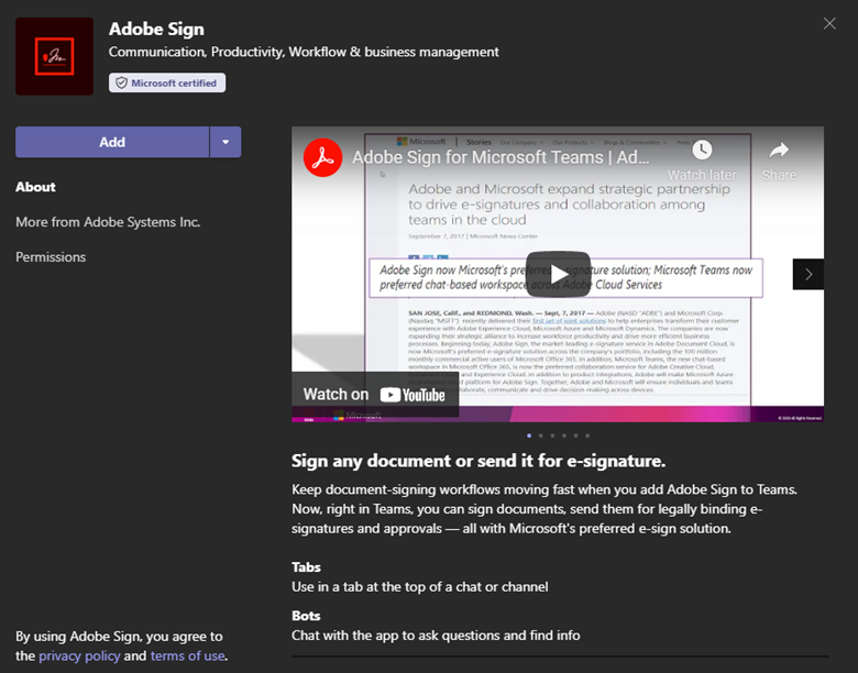 Example of a certified app in Microsoft Teams