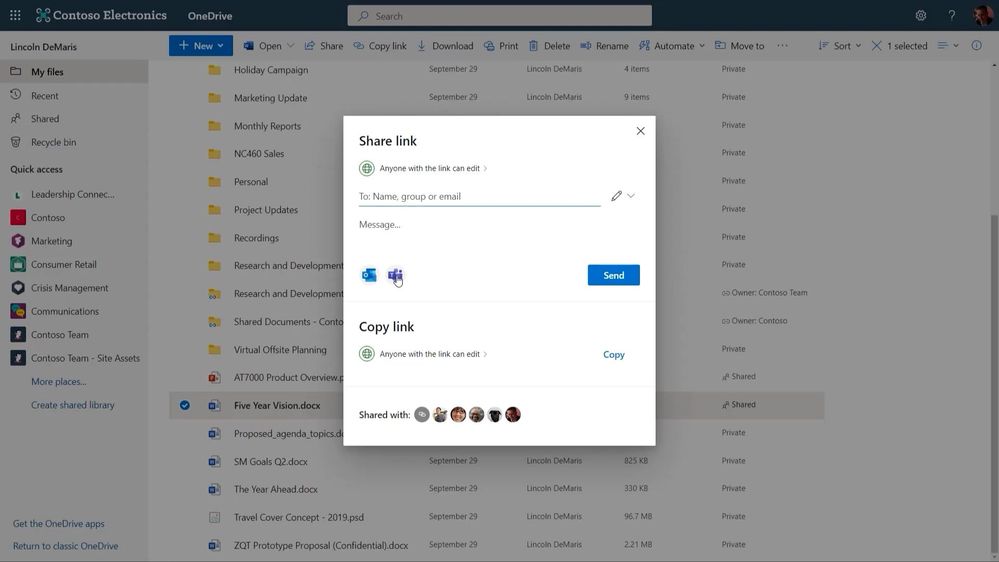 When you share a file, you can immediately see who already has access to a shared resource and Send a share link directly to Outlook and Teams.