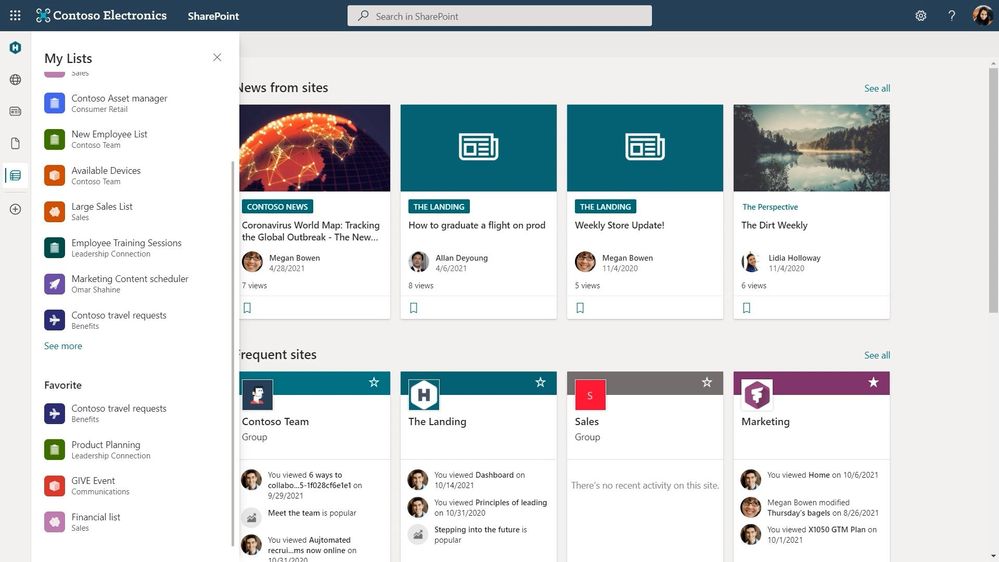Create and view lists from the SharePoint app bar – the view experience “My Lists” shown above.