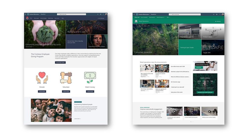 Select your template during site creation to customize your site to align with your business objectives and desired outcomes. Shown above, Volunteer site (left) and Retail (right).