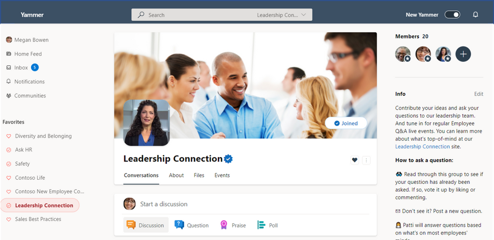 Official Yammer community – the “Leadership Connection” with blue checkmark icon showing.