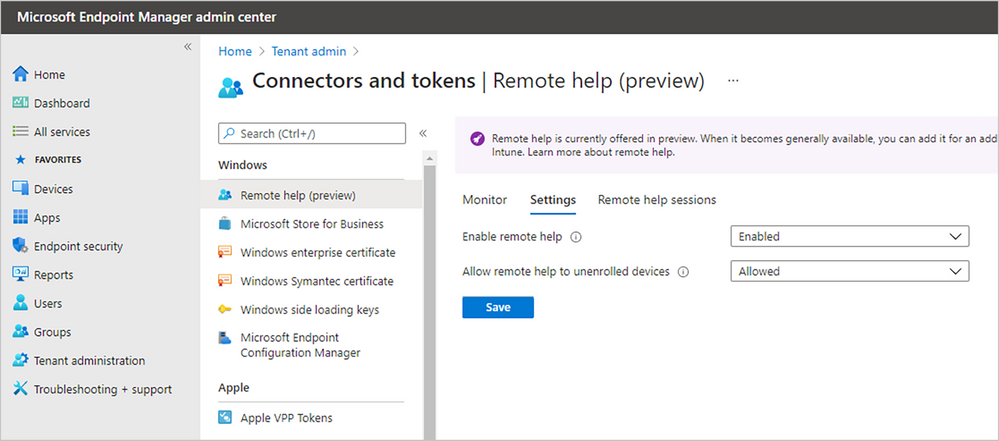 Enable remote help in the Microsoft Endpoint Manager console for enrolled and unenrolled devices