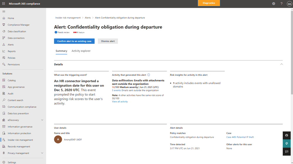 Figure 2: Insider Risk Management Alert review experience illustrating the triggering event and activity that generated the alert