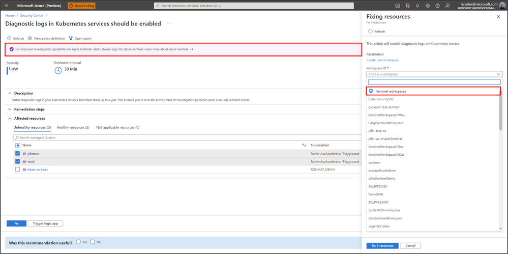 Image 4: Notification in Defender for Cloud that highlights when Microsoft Sentinel logging is not enabled