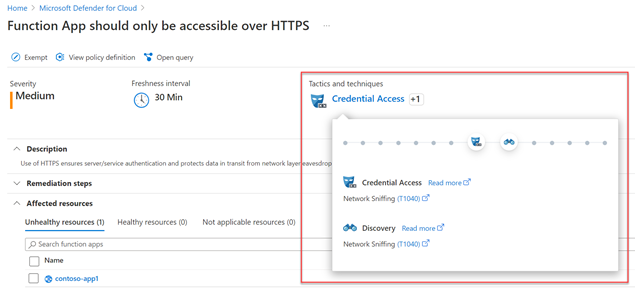 Image 6: View of the new “Tactics and techniques” mapping section within Defender for Cloud recommendations