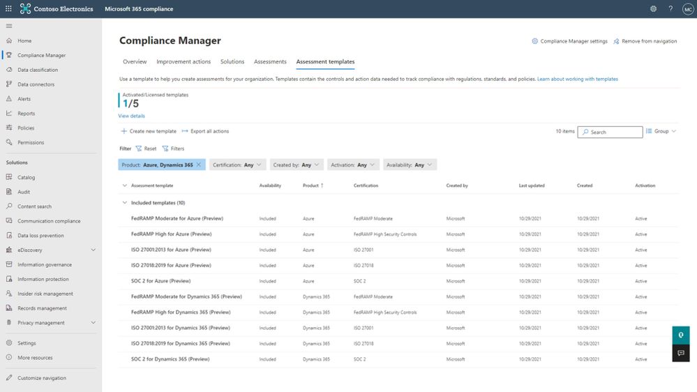 Figure1: Azure and Dynamics 365 templates (in preview) in Compliance Manager