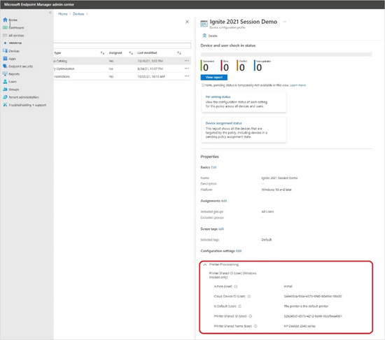 Printer provisioning options within the Microsoft Endpoint Manager admin center