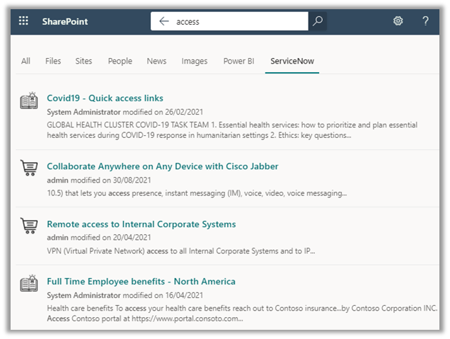 ServiceNow Catalog and Knowledge interleaved content in Microsoft Search in SharePoint.