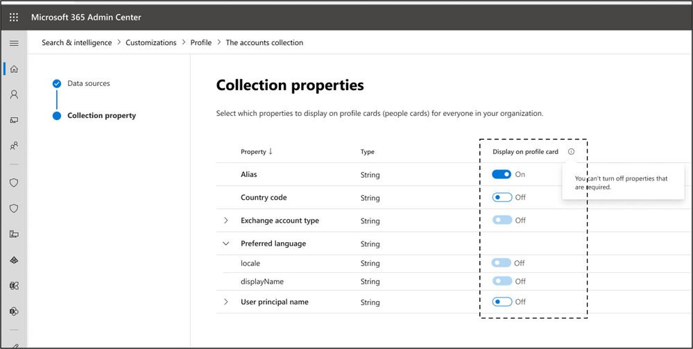 Profile card customization UI in the Microsoft 365 admin center.