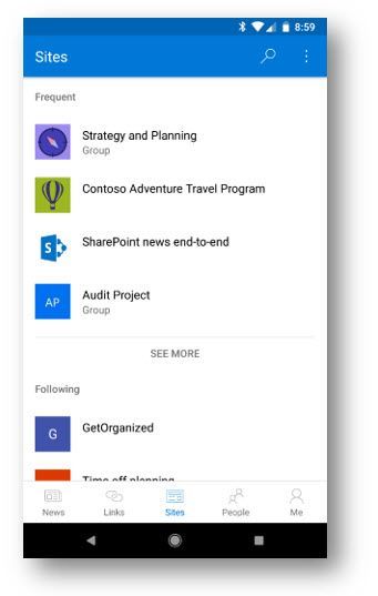 The tab layout for the SharePoint mobile app for Android is now at the bottom of the screen for easier access.