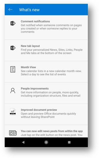 Stay up-to-date with what's new for your SharePoint mobile app, right within the app itself. Above shows the experience in Android.