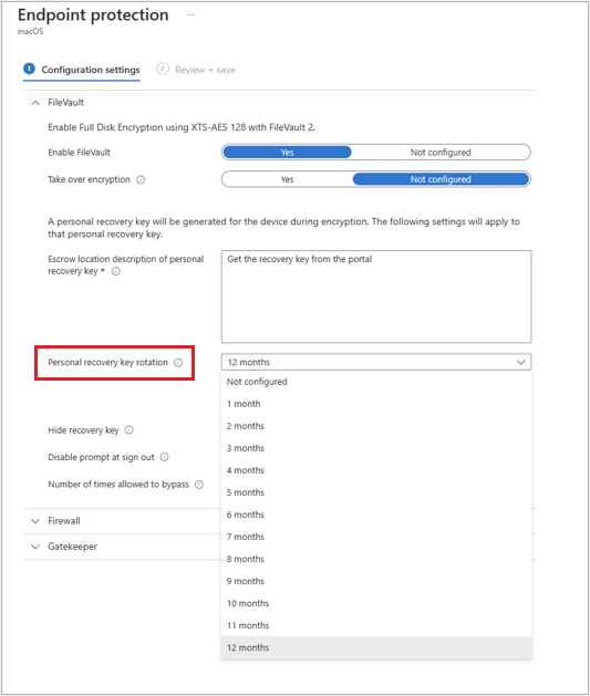 Screenshot of a macOS Endpoint protection policy with FileVault policy settings enabled in the Microsoft Endpoint Manager admin center.