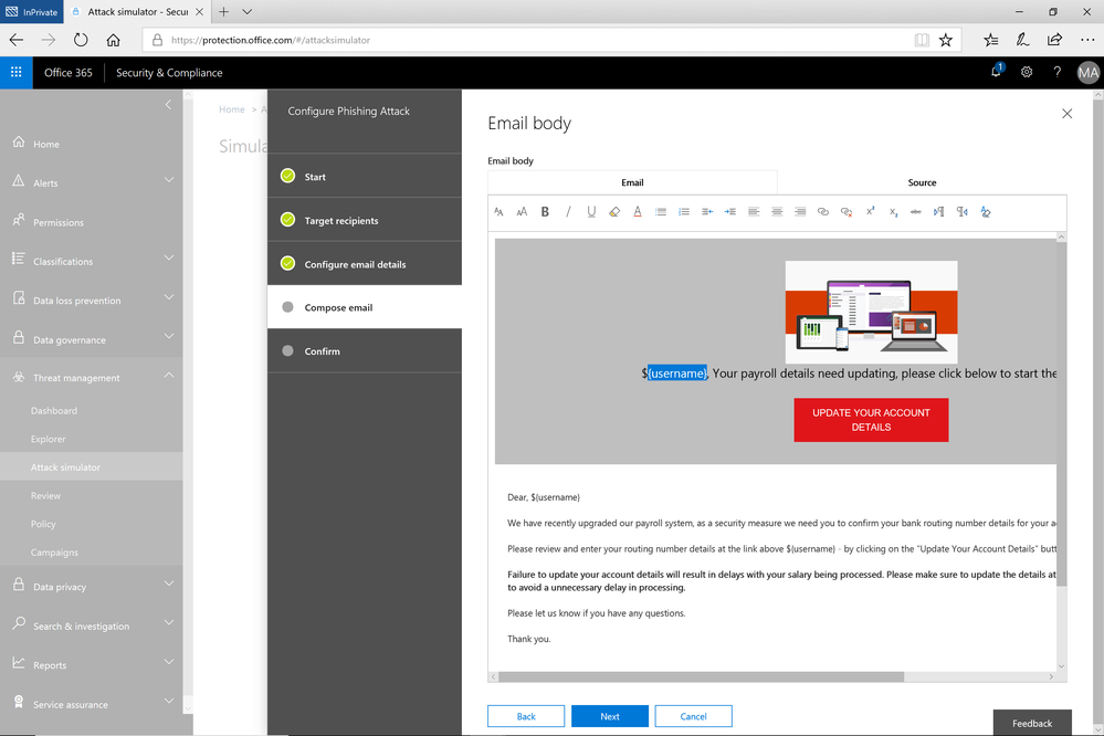 Figure 1.  Email template for spear phish simulation using a fake email from an organization’s payroll department.