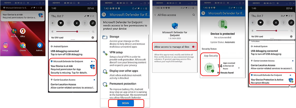 Screenshots of the upcoming permission changes for Microsoft Defender for Endpoint running Android 11 or later