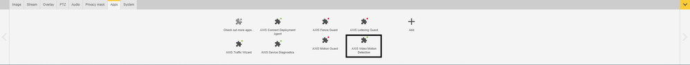 Screenshot of “Apps” pane from Axis web interface showcasing AXIS Video Motion Detection.