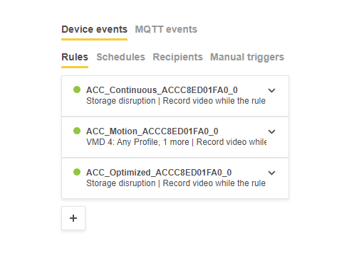Screenshot of “Device events” pane from Axis web interface.