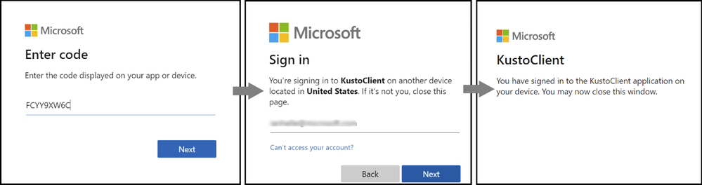 Screenshots of the Device Code authentication flow