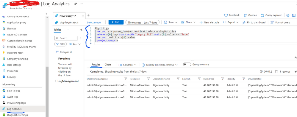 Figure 2: Using Azure Monitor to get TLS log