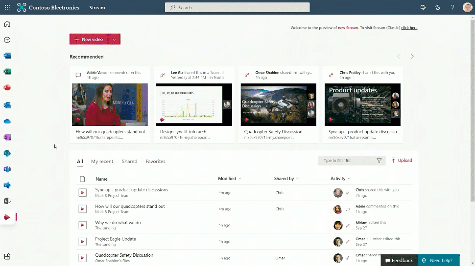 The new Stream start page lets you quickly create a video or browse recommended, recent, shared, and favorited videos.