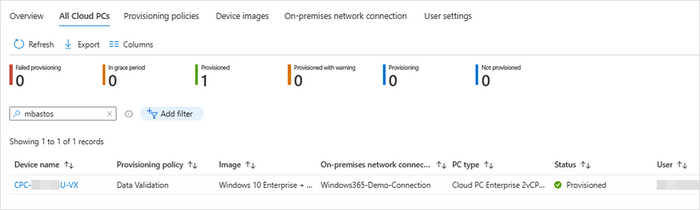 Screenshot from Microsoft Endpoint Manager showing the provisioned Windows 365 Cloud PC, its device name, provisioning policy, and other information.