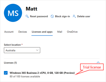 Screenshot from the Microsoft 365 admin center showing the licenses and apps assigned to a specific user. The trial license is listed under Licenses.