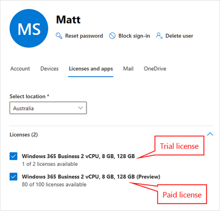 Screenshot from the Microsoft 365 admin center showing that both a Windows 365 Business trial license and paid license have been assigned to the user.