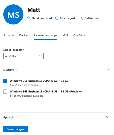 Screenshot from the Microsoft 365 admin center showing that the Windows 365 Business trial license has been deselected for the user. The Save changes button is displayed.