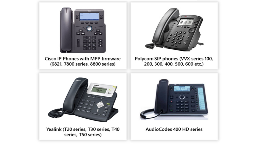 Cisco IP Phones with MPP firmware (6821, 7800 series, 8800 series), Polycom SIP phones (VVX series 100, 200, 300, 400, 500, 600 etc.), Yealink (T20 series, T30 series, T40 series, T50 series), AudioCodes 400 HD series.