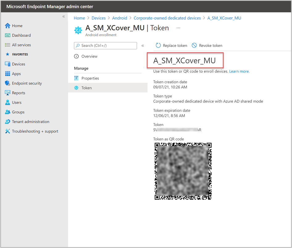 Enrollment token example for a Corporate-owned dedicated device with Azure AD shared device mode in the Microsoft Endpoint Manager admin center.