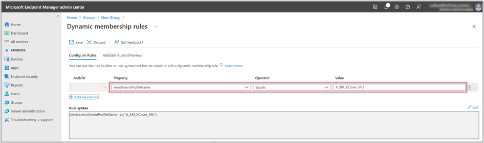 Dynamic membership rules, properties and value examples highlighted in the Microsoft Endpoint Manager admin center.