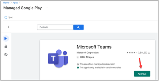 Figure 1. Approving the Microsoft Teams app permissions and requirements in the Managed Google Play app store.
