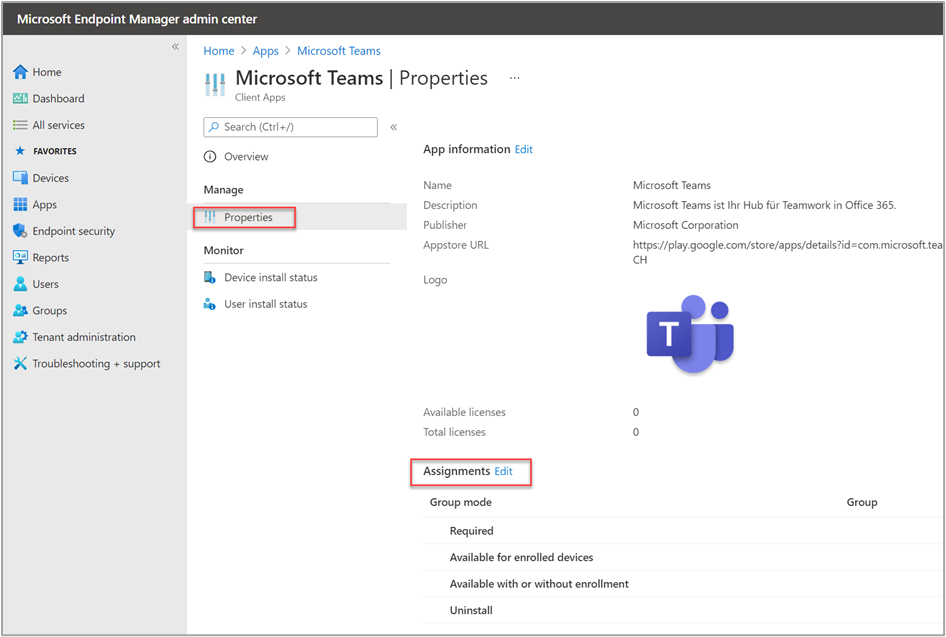 Microsoft Teams properties example in the Microsoft Endpoint Manager admin center.